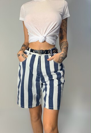 90S VINTAGE STRIPE DENIM MOM SHORTS