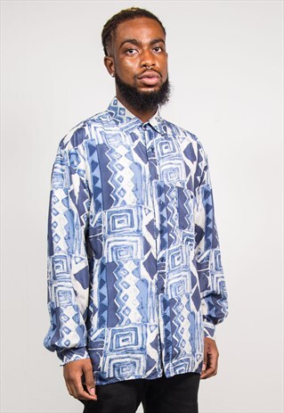 VINTAGE 90'S BLUE ABSTRACT PATTERN LONG SLEEVE SILK SHIRT