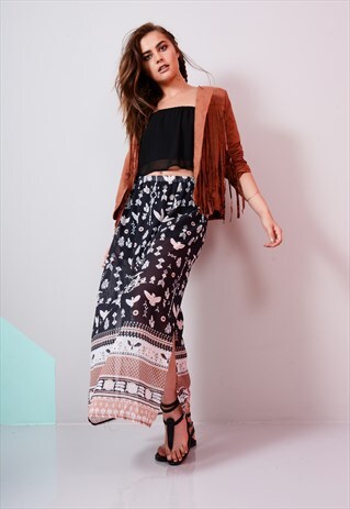 FESTIVAL AZTEC PRINT MAXI SKIRT WITH SPLIT IN BLACK