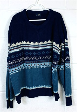 VINTAGE ABSTRACT KNITTED JUMPER BLUE STRIPED PATTERNED 