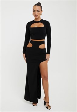 Black Crepe Co Ord Two Piece Top and Skirt Set