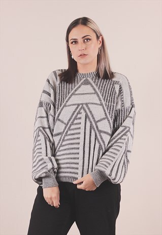 VINTAGE 80'S CRAZY PATTERNED KNITTED GREY JUMPER /A2110