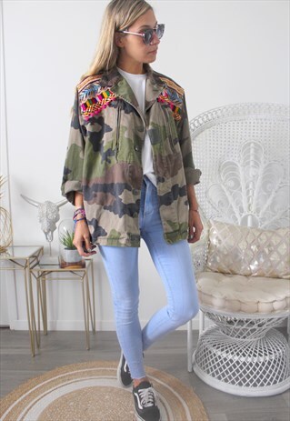 VINTAGE KHAKI JACKET MILITARY ETHNIC EMBROIDERY