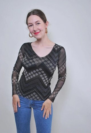 VINTAGE ITALIAN BLACK BLOUSE, TRANSPARENT SLEEVE SHIRT