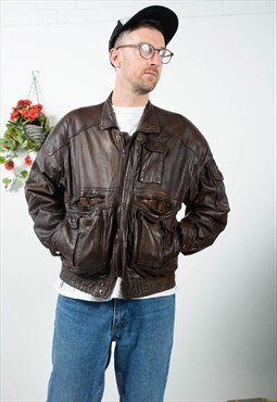 Vintage 90s Leather Jacket Bomber Brown Unisex Size M