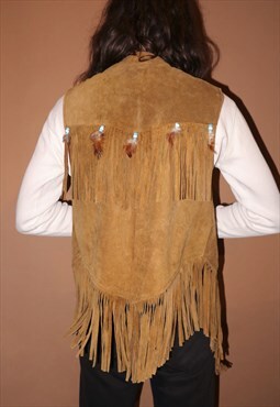 Vintage 70s tan suede fringed feather trim waistcoat vest - 