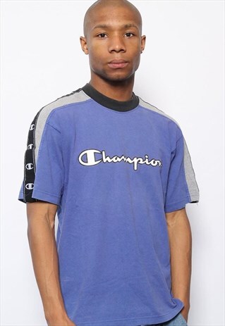 VINTAGE CHAMPION TAPE LOGO SPELLOUT T-SHIRT BLUE