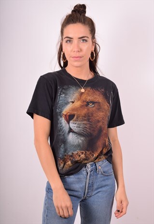 WOMENS VINTAGE LION T-SHIRT TOP MEDIUM BLACK 90S