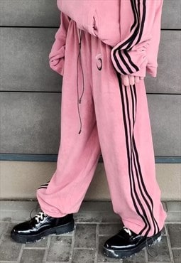 Soft fleece track joggers pastel stripe overalls pink