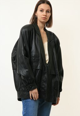 Black Leather Jacket women vintage 80s blazer jacket 4752