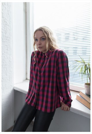 VINTAGE 70'S PINK/BLACK CHECKED PUFF SLEEVED BLOUSE