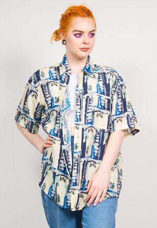 VINTAGE 90'S CREAM & BLUE FLORAL PATTERN OVERSIZED SHIRT