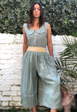 VINTAGE 80S TEAL LINEN WIDE LEG CULOTTE JUMPSUIT