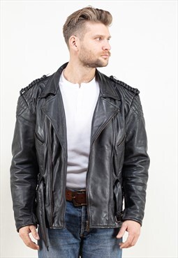 Vintage 90's Thick Biker Leather Jacket in Black