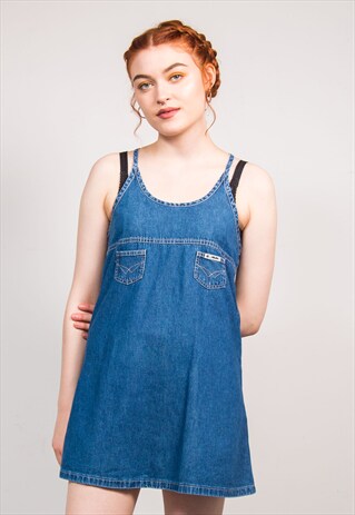90'S VINTAGE DARK BLUE DENIM STRAPPY MINI DRESS
