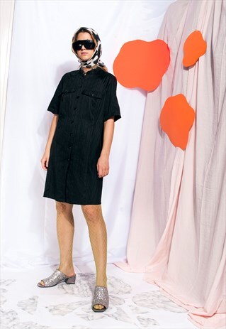 VINTAGE SHIRT DRESS 70S MINIMALIST MIDI DRESS IN BLACK