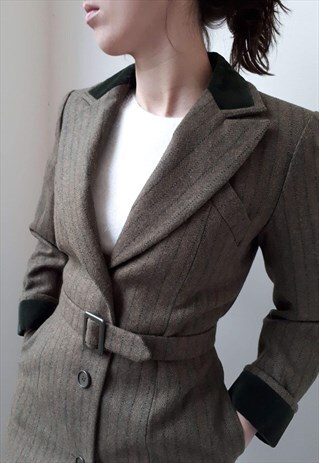 60S VALENTINO PINSTRIPE VELVET DETAILS OLIVE GREEN COAT