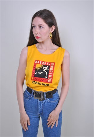 VINTAGE YELLOW SPORT TANK, AIDS MARATHON RUN TOP