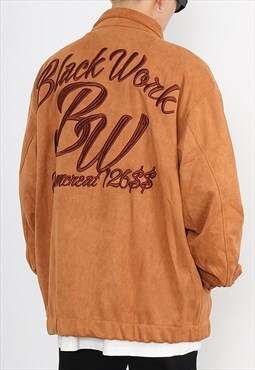 Brown Embroidered Oversized Suede jacket Y2k