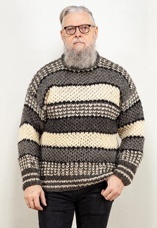 VINTAGE 70'S MEN HAND KNIT WOOL SWEATER IN GREY