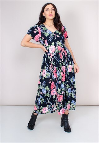 VINTAGE 90S FLORAL PRINT THIGH SPLIT MIDI DRESS