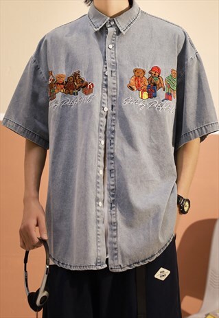 Blue Washed Embroidered Bears Denim Oversized Shirt 