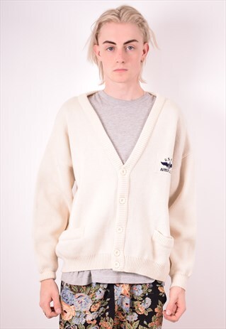 AVIREX MENS VINTAGE CARDIGAN JUMPER LARGE BEIGE 90S