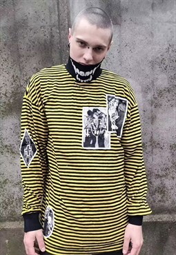 Horizontal stripe punk top Anarchy patch jumper tee yellow