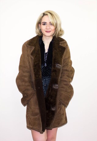 VINTAGE 80'S DARK BROWN SUEDE SHEARLING WOOL WINTER COAT