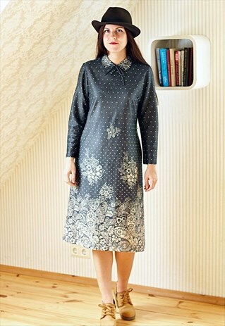 VINTAGE BLACK FLORAL WOOL DRESS
