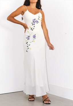 Vintage 90s Floral Painted Backless Evening Dress In Cream