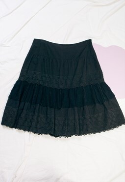 Vintage Skirt Y2K Cottagecore Fairy Midi in Black Cotton