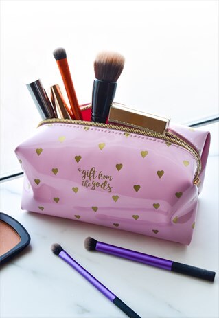 SQUARE PINK MAKE UP COSMETIC BAG WITH GOLD HEARTS