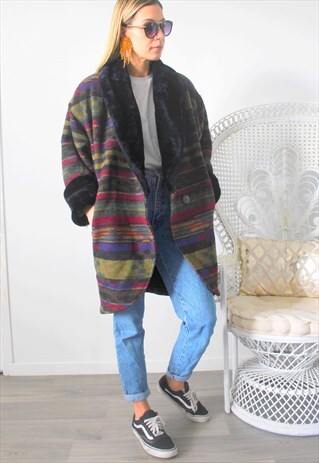 VINTAGE FAUX FUR COAT ETHNIC PRINT