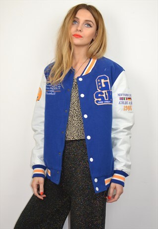 VINTAGE 90S BLUE & WHITE AMERICAN BASEBALL VARSITY JACKET