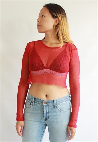 RED MESH LONG SLEEVE CROP TOP