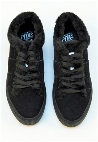 WALK IN PITAS CHUNKY BLACK SUEDE AND FAUX FUR TRAINERS