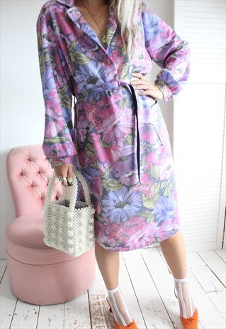 VINTAGE 1960S PURPLE FLORAL MIDI WINTER DRESS