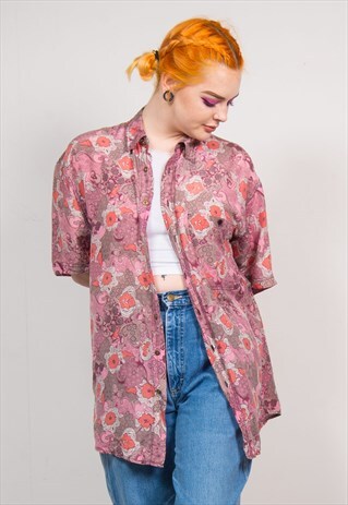 VINTAGE 90'S PINK FLORAL PATTERN SHORT SLEEVE SHIRT