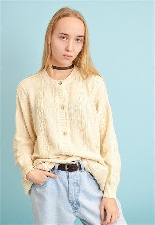 80'S RETRO NEUTRAL MINIMALIST KNITTED MOMS CARDIGAN TOP