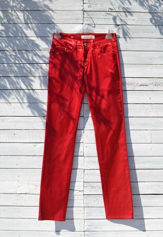 Deadstock shiny red satin stretch cotton jeans