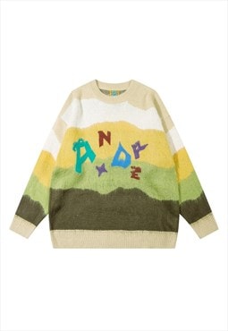 Color block sweater striped jumper knitted fluffy top green