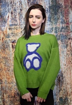 Teddy fleece knitwear sweater preppy bear patch jumper green