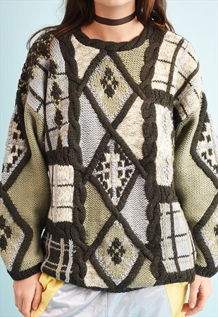 90'S RETRO EMBROIDERED MOMS CHUNKY KNIT JUMPER