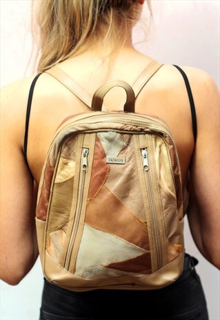 1990S VINTAGE PATCHWORK TAN REAL LEATHER BACKPACK