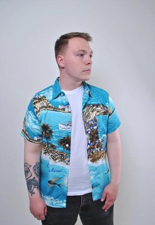 Vintage Hawaiian blue shirt, 80s vocation retro shirt 