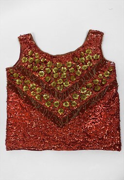 50's/60's Red Sequin Gold Floral Sleeveless Wool Top Evening