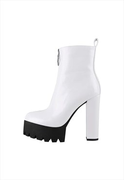 White Platform Round Toe Zipper Chunky Heels Ankle Boots