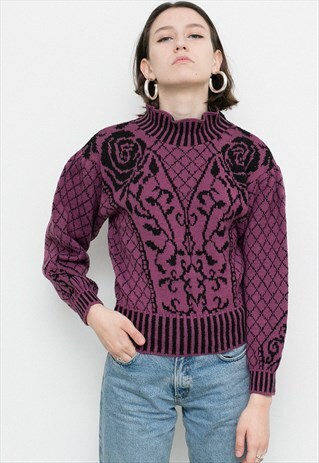 PURPLE FLORAL JACQUARD SWEATER