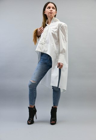 OVERSIZED CASUAL WHITE ASYMMETRICAL HANDMADE COTTON SHIRT